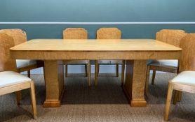 ATTRIBUTED TO H & L EPSTEIN: ART DECO BIRD'S EYE MAPLE DINING TABLE & CHAIRS, comprising trestle end