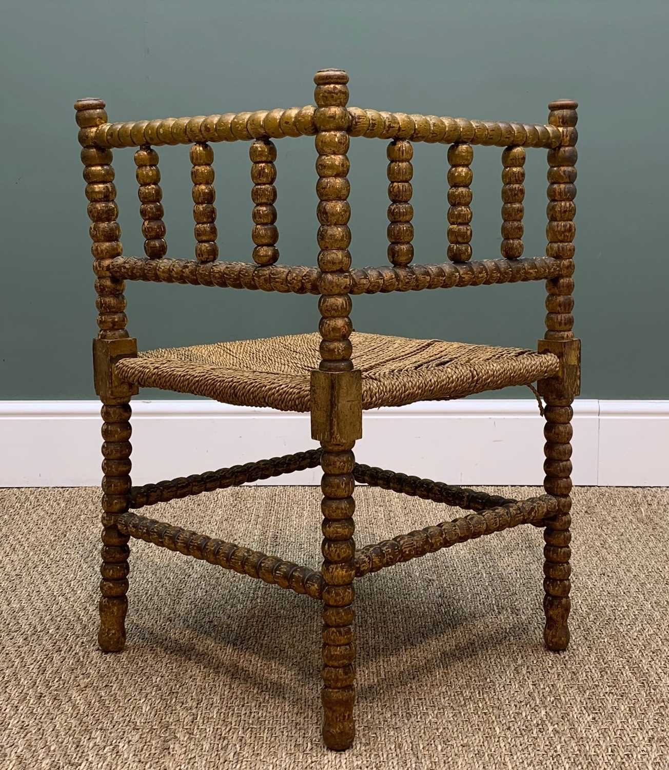 VINTAGE BOBBIN TURNED PAINTED CORNER CHAIR, rush seat, 66cms high Provenance: private collection - Image 3 of 3