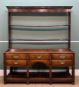 LATE 18TH CENTURY JOINED OAK SOUTH WALES HIGH DRESSER, open rack with shaped cornice fitted with