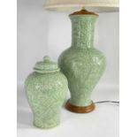 MODERN THAI CELADON LAMP & COVERED JAR, carved with foliage, lamp 54cm h (to rim), jar 34cm h (2)