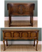 TWO REPRODUCTION OAK TABLES; comrpising low dresser with geometric fronted frieze drawers, 83h x