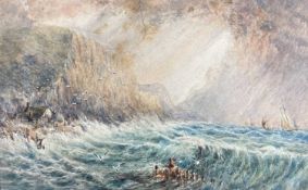 ATTRIBUTED TO JOSEPH MALLORD WILLIAM TURNER RA watercolour - squally sea, vessels, cliffs, building,