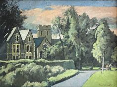 ‡ BRYN RICHARDS (Welsh, b. 1922), oil on board - Church landscape with figure walking dog, signed,