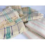 SIX TRADITIONAL WOOLEN BLANKETS, comprising set four cream, green and purple plaid blankets with