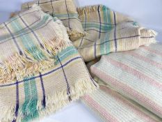 SIX TRADITIONAL WOOLEN BLANKETS, comprising set four cream, green and purple plaid blankets with