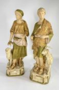 PAIR LARGE ROYAL DUX PORCELAIN FIGURES, of goatherd and shepherdess, on floral decorated plinth