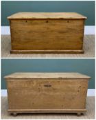 TWO ANTIQUE PINE BLANKET BOXES, each with locks and hinged lids, larger 127cms wide, smaller with