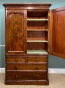 VICTORIAN WALNUT LINEN PRESS, ovolo cornice above arched doors with carved foliate spandrels,