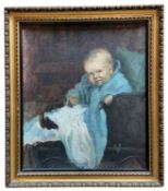 BRITISH SCHOOL oil on board portrait of a seated baby in pram, unsigned, 55 x 47cms, framed