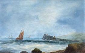 THOMAS BUSH HARDY (British. 1842 - 1897) oil on board - coastal scene with jetty and boats, signed