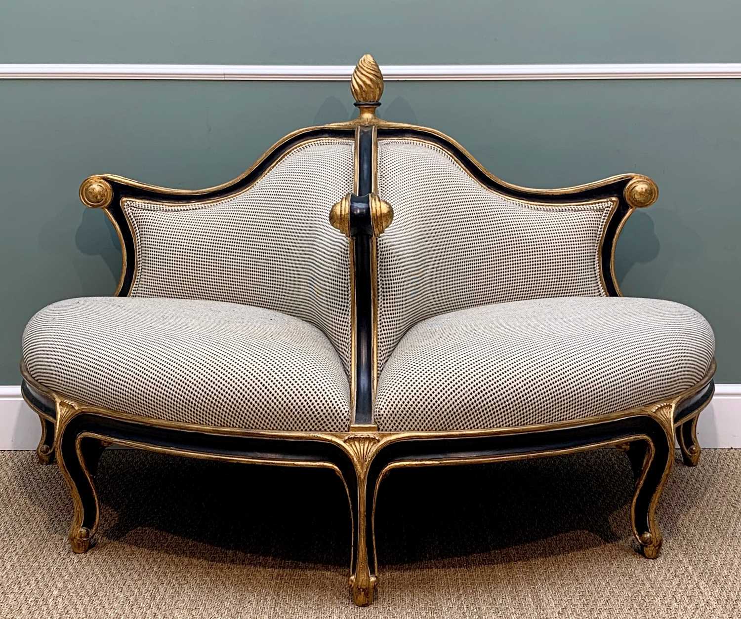 CHRISTOPHER GUY DOUBLE CONVERSATION SOFA, with ebonised & gilt detail, 165 cm long
