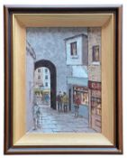 ‡ TOM CULLEN oil on cotton - antique shop, beside archway in city, signed, 34 x 25cms