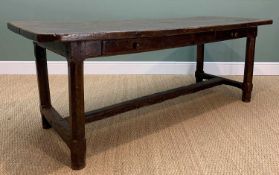 ANTIQUE FRENCH JOINED OAK KITCHEN TABLE, thick 2-plank top with chamfered corners, fitted side
