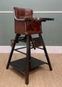 VINTAGE STAINED BEECH METAMORPHIC CHILD'S HIGHCHAIR, with rexine upholstered seat, folding base