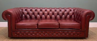 VICTORIAN STYLE MAROON LEATHER CHESTERFILED SOFA, button upholstered back, three loose cushions,