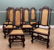 SET SEVEN WILLIAM & MARY STYLE OAK DINING CHAIRS, arched, pierced foliate cresting rails, turned