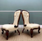 PAIR MODERN VICTORIAN-STYLE SPOON BACK NURSING CHAIRS, with buttoned cream upholstery (2)