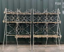 PAIR PAINTED METAL CONSERVATORY PLANT STANDS, tiered with slatted teak shelves, one assymetric, 190h