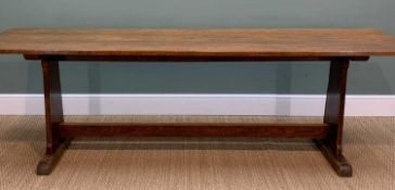 ANTIQUE STYLE OAK TRESTLE TABLE, narrow rectangular top above end supports, sleigh feet, bar