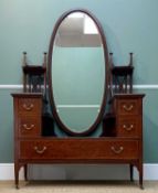 EDWARDIAN MAHOGANY & SATINWOOD CROSS-BANDED DRESSING TABLE, tall oval mirror between shelves upon