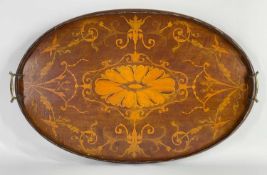 EDWARDIAN MAHOGANY & MARQUETRY OVAL TEA TRAY, gilt brass handles and raised gallery (damage),