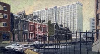 ‡ BRYN RICHARDS oil on board - Cardiff cityscape with the imposing building 'Brunel House', formerly