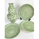 FOUR MODERN THAI PAINTED CELADONS, comprising double gourd vase and three large dishes decorated