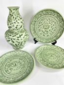FOUR MODERN THAI PAINTED CELADONS, comprising double gourd vase and three large dishes decorated