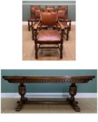 ELIZABETHAN STYLE OAK DRAWLEAF TABLE & 6 CHAIRS, table with lunette carved frieze, cup and cover