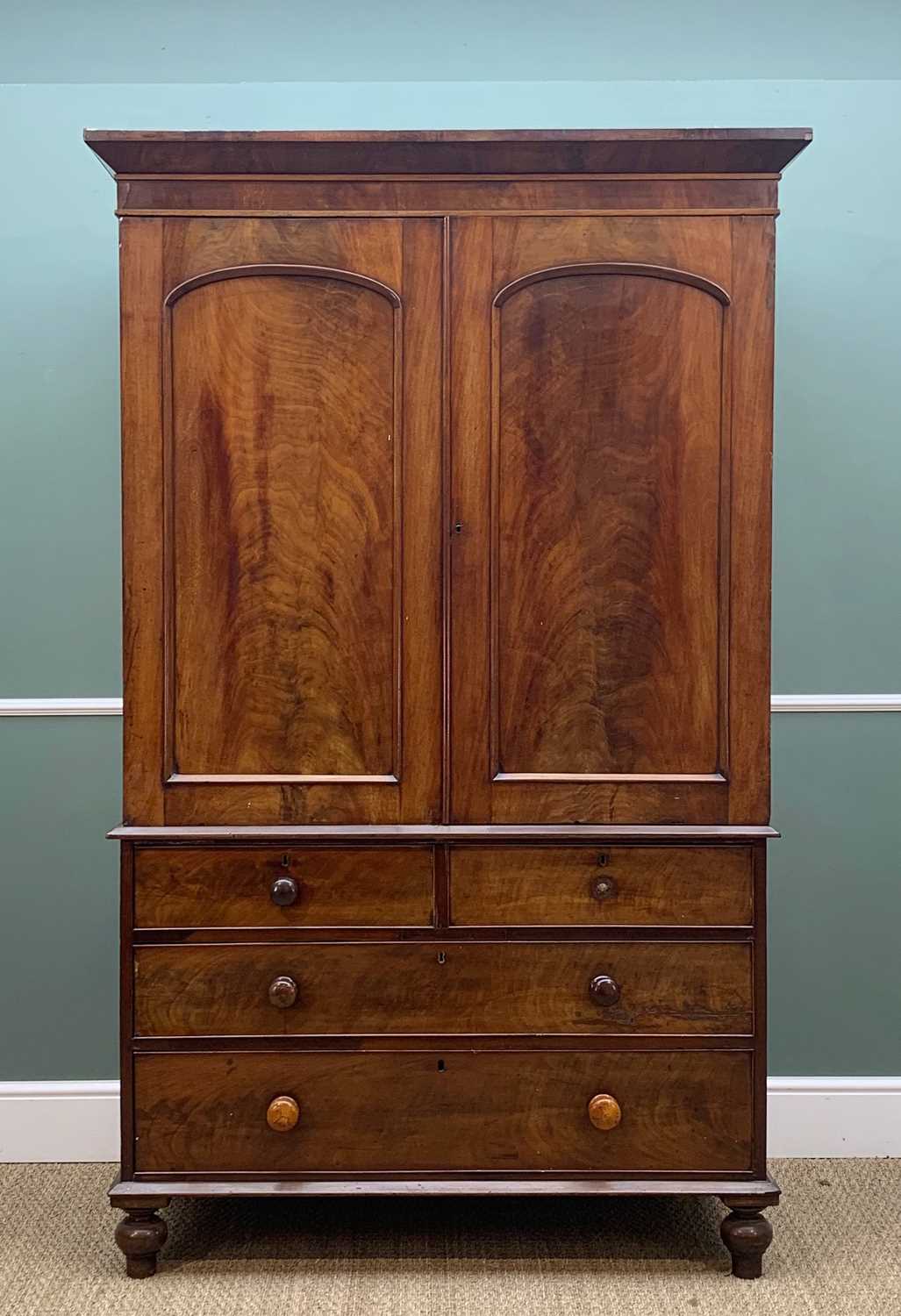 VICTORIAN WALNUT LINEN PRESS, shallow cornice aboved arched panelled doors enclosing slides, above 2 - Image 4 of 6