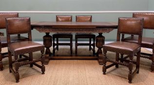 ELIZABETHAN STYLE STAINED OAK DRAWER-LEAF TABLE & CHAIRS, table with carved frieze, cup and cover