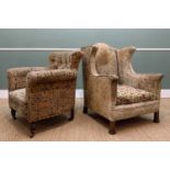 TWO EASY ARMCHAIRS, one wingback, the other button upholsterd (2) Comment: both badly worn, in