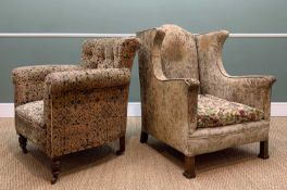 TWO EASY ARMCHAIRS, one wingback, the other button upholsterd (2) Comment: both badly worn, in