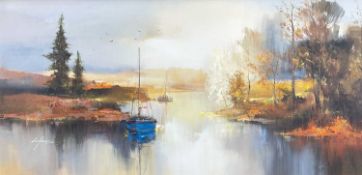 WILFRED LANG (Chinese, b. 1954) oil on canvas - Yachts moored in an estuary, signed, 59 x 121cm