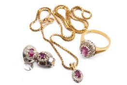 9CT GOLD RUBY & DIAMOND RING, PENDANT AND CHAIN, AND EARRINGS, chain 46cm, gross wt. 12.68g approx.