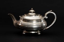 GEORGE IV PROVINCIAL SILVER TEAPOT, James Bell, Newcastle 1823, stepped oval form on ball feet,