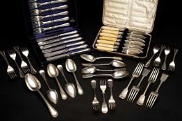 ASSORTED PLATED FLATWARE, comprising two sets, bead pattern and fiddle pattern latter monogrammed '