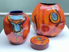 MODERN POOLE ORANGE GROUND 'PEACOCK' DESIGN POTTERY , to include purse vase, 26cms high, together