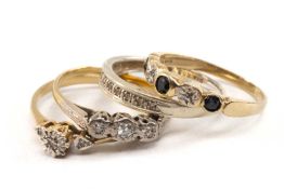 FOUR 9CT GOLD RINGS, comprising 2 x diamond illusion set rings, diamond chip anf sapphire ring,