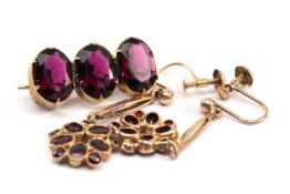 PAIR OF 9CT GOLD GARNET EARRINGS, 2.4gms, together with three paste stone bar brooch (3)