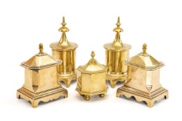 FIVE VARIOUS BRASS TOBACCO JARS & COVERS, comprising two pairs and a single, tallest 23cm high (5)