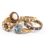 FIVE 9CT GOLD DRESS RINGS, set with various semi-precious gemstones including opals, garnets and