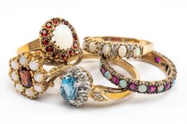 FIVE 9CT GOLD DRESS RINGS, set with various semi-precious gemstones including opals, garnets and
