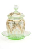 BOHEMIAN GREEN GLASS JAR, COVER & STAND, probably for the Arabic or Ottoman market, enamelled and