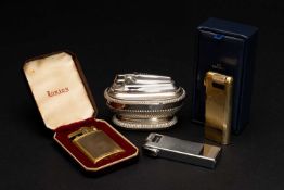 FOUR VARIOUS LIGHTERS, including two Corona gold plated gas lighters, one boxed, Ronson gold