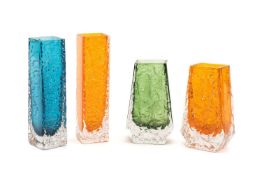 GEOFFREY BAXTER FOR WHITEFRIARS GLASS, four square section vases, all with textured surfaces,