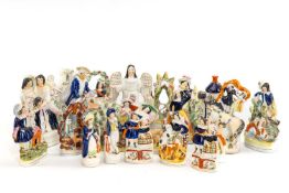 ASSORTED VICTORIAN STAFFORDSHIRE POTTERY, including castle pastel burners, animal figures, figural