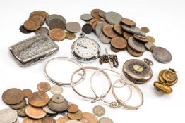 ASSORTED SILVER & COINS comprising silver engraved cigarette case, silver half hunter pocket watch