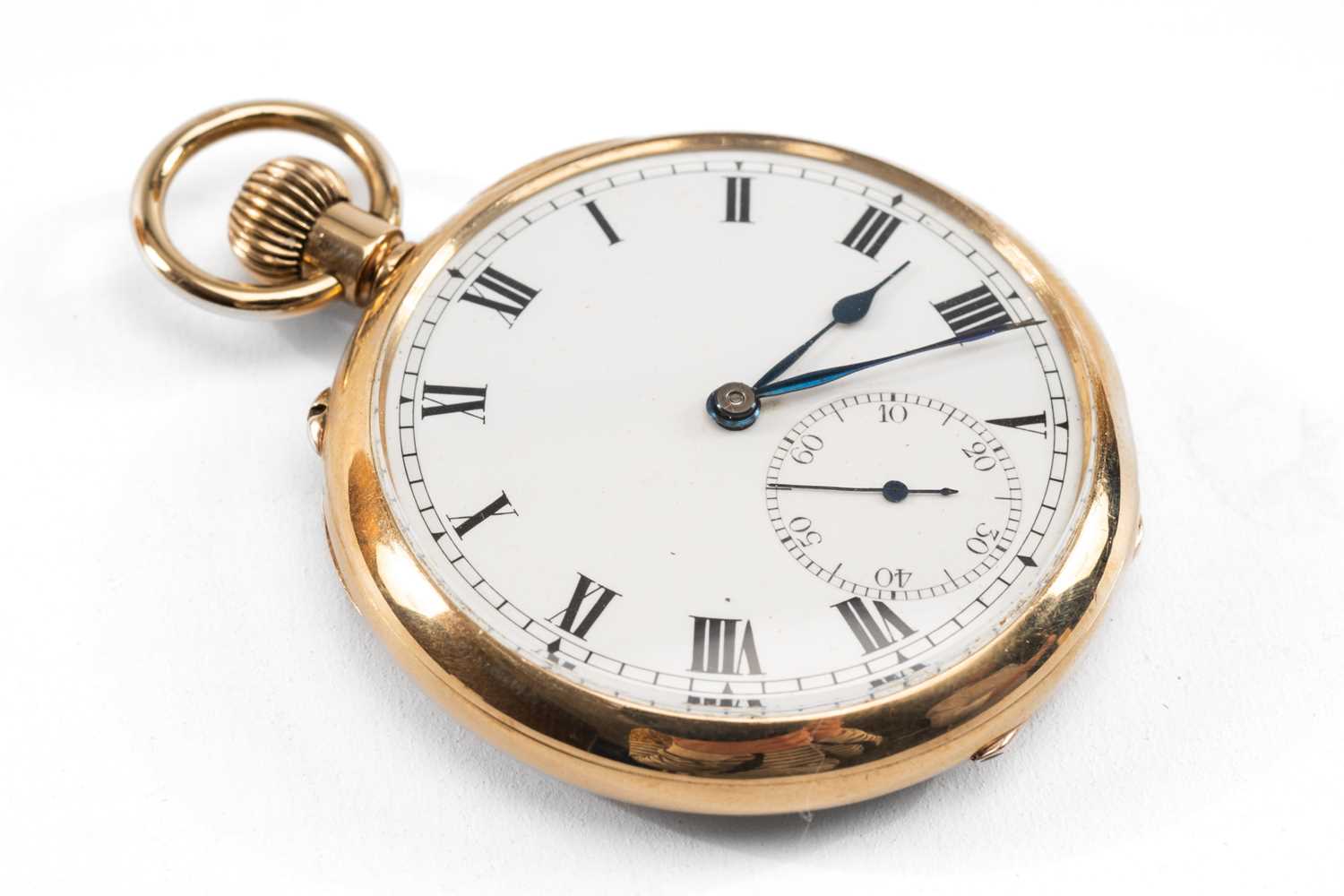 9CT GOLD S. & Co. OPEN FACED TOP WIND POCKET WATCH, Glasgow import mark 1928, white Roman enamel