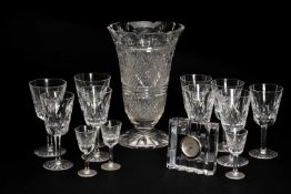 ASSORTED WATERFORD CUT GLASS, comprising quartz clock, 7 white wine, 2 red wine, 3 liqueur